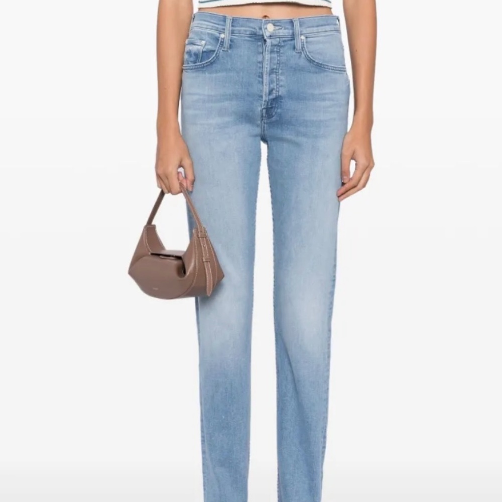 Mother Womens Tomcat Skimp Blue Button Fly Distressed Straight Leg Jeans